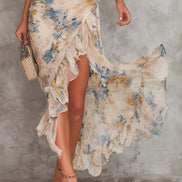 Vestido Maxi Chifón Beige con Estampado Floral Pintura al Óleo