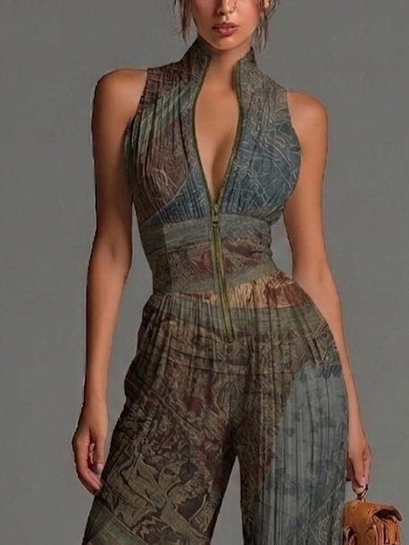 Mono de gasa de corte ancho con pliegues, sin mangas, cremallera y estampado étnico bohemio