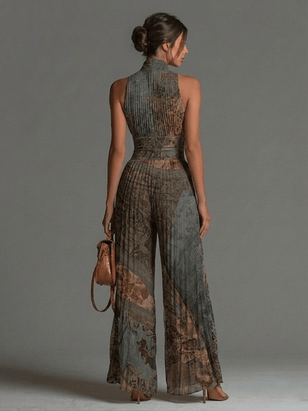 Mono de gasa de corte ancho con pliegues, sin mangas, cremallera y estampado étnico bohemio
