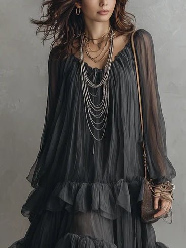 Vestido Maxi Transparente con Volantes por Capas