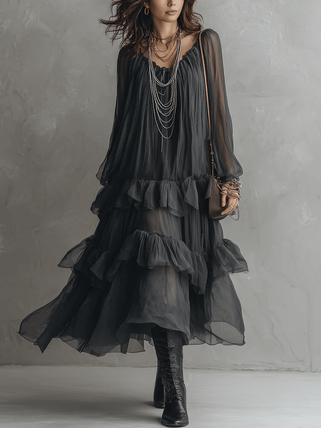Vestido Maxi Transparente con Volantes por Capas