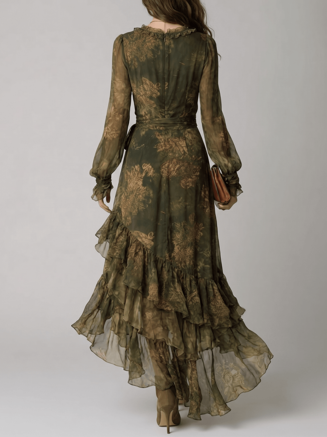 Vestido Maxi de Chifón con Volantes Florales