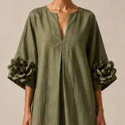 Vestido Midi Verde Oliva con Escote en V y Mangas Florales Extravagantes