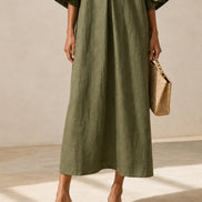 Vestido Midi Verde Oliva con Escote en V y Mangas Florales Extravagantes