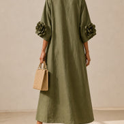 Vestido Midi Verde Oliva con Escote en V y Mangas Florales Extravagantes