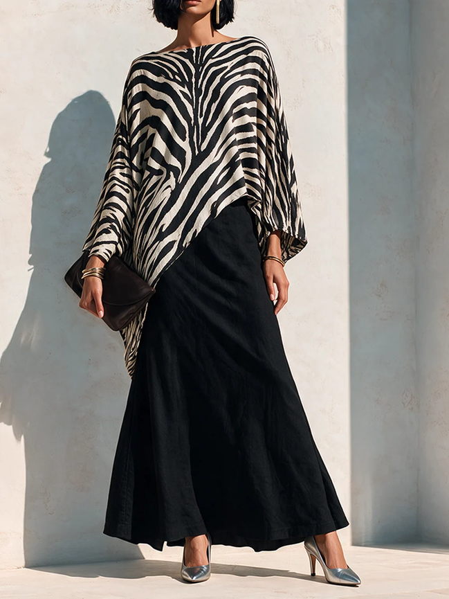 Conjunto de Top Asimétrico de Cebra y Falda Negra Drapeada