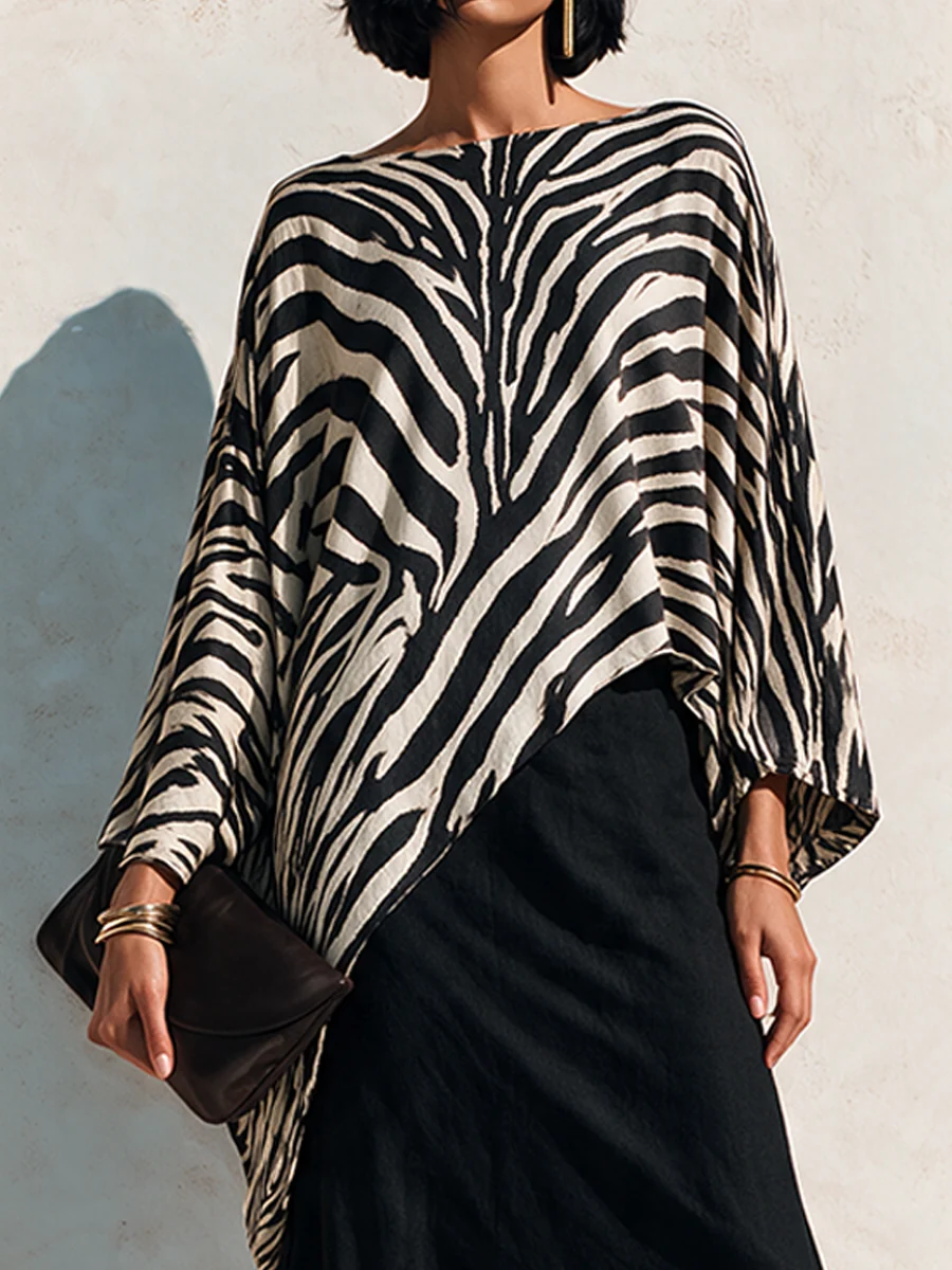 Conjunto de Top Asimétrico de Cebra y Falda Negra Drapeada