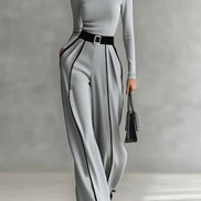Conjunto Top de Cuello Alto con Ribete Blanco y Pantalón Ancho con Cinturón