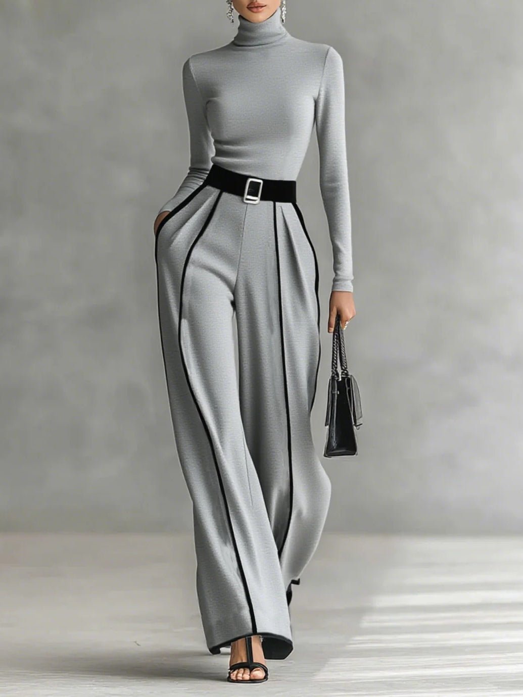 Conjunto Gris Top Cuello Alto con Ribete y Pantalón Ancho con Cinturón
