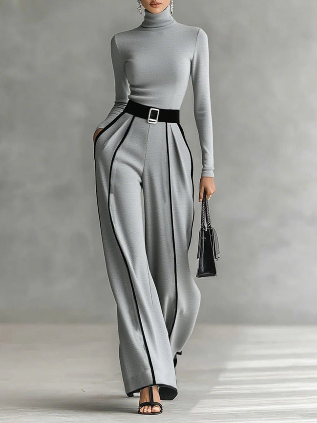 Conjunto Gris Top Cuello Alto con Ribete y Pantalón Ancho con Cinturón