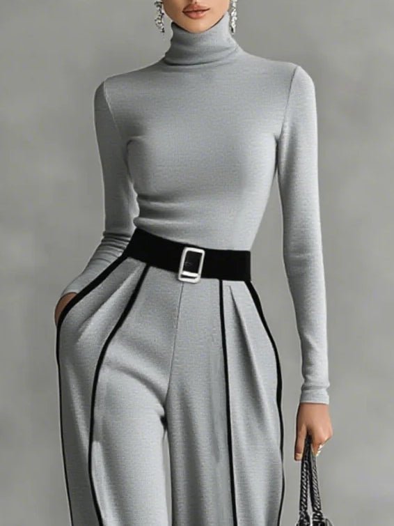 Conjunto Gris Top Cuello Alto con Ribete y Pantalón Ancho con Cinturón