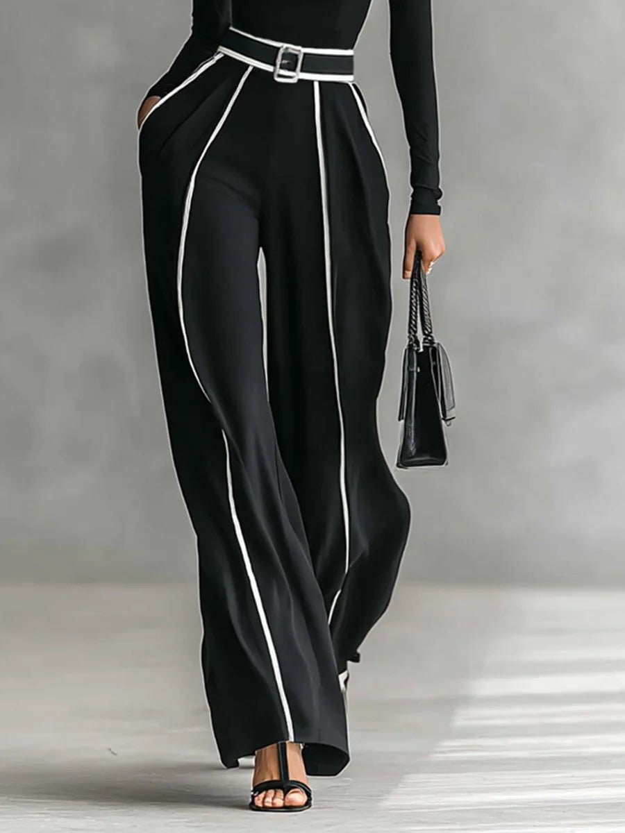 Conjunto Top de Cuello Alto con Ribete Blanco y Pantalón Ancho con Cinturón