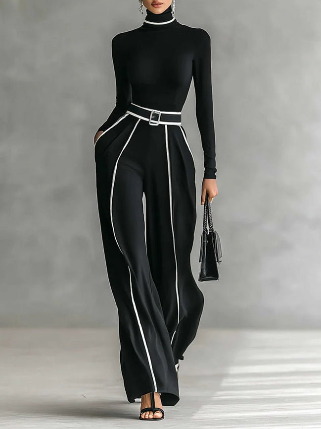 Conjunto Top de Cuello Alto con Ribete Blanco y Pantalón Ancho con Cinturón