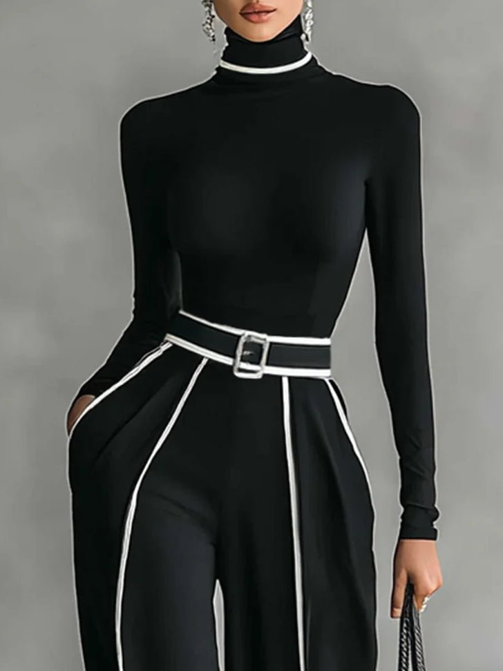 Conjunto Top de Cuello Alto con Ribete Blanco y Pantalón Ancho con Cinturón