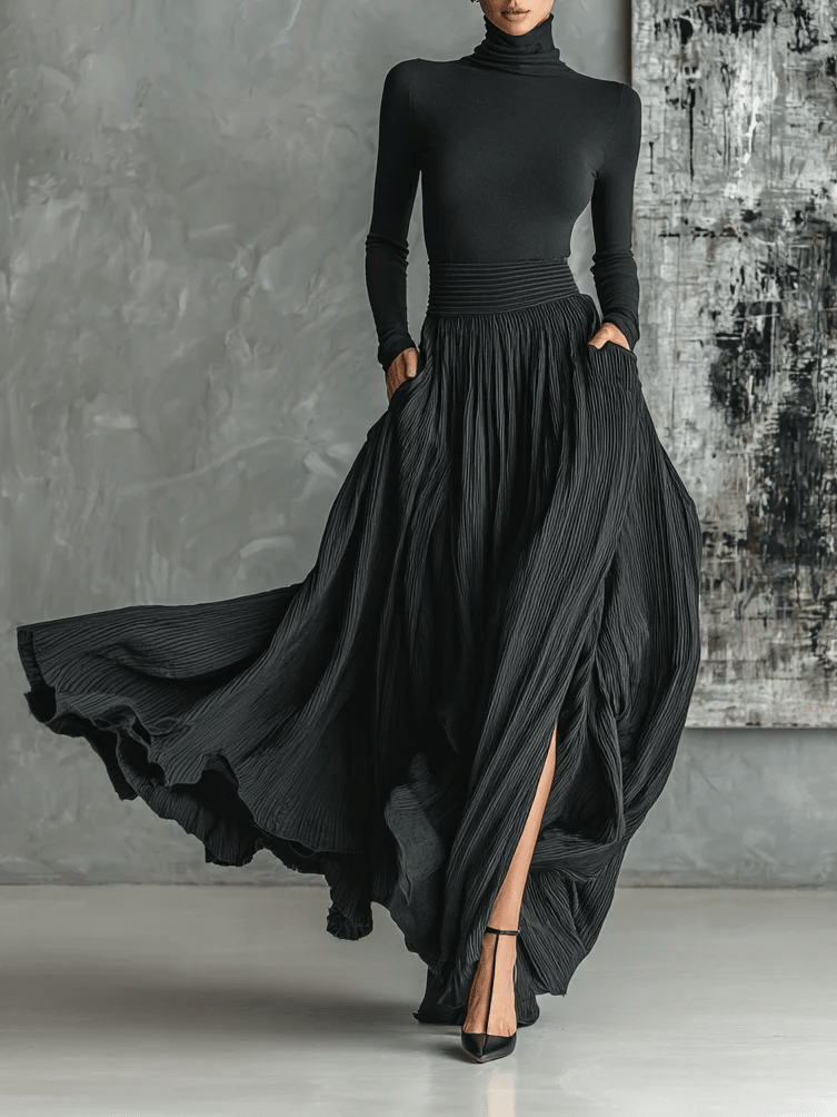 Conjunto Camiseta de Cuello Alto y Falda Plisada Todo Negro