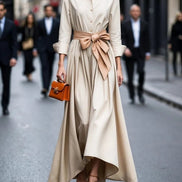 Vestido Maxi Elegante Estilo Camisa con Manga Larga y Lazo
