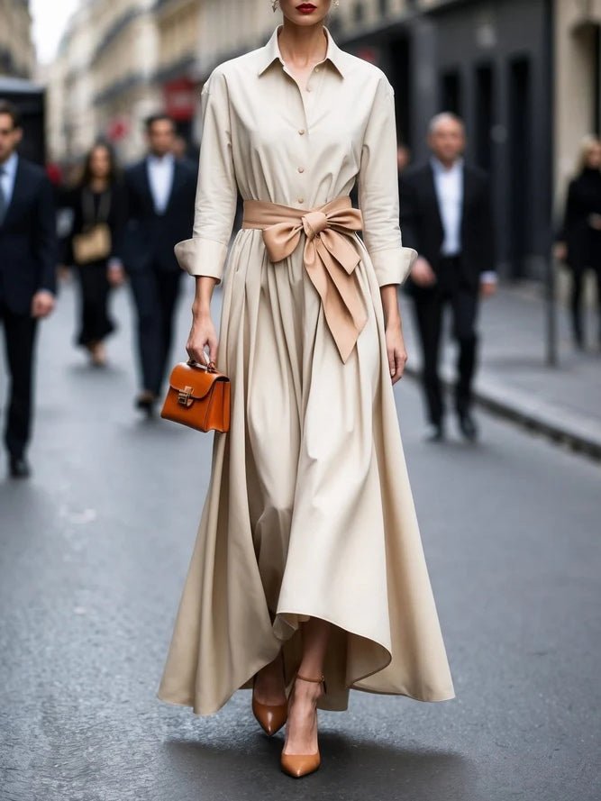 Vestido Maxi Elegante Estilo Camisa con Manga Larga y Lazo
