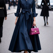 Vestido Maxi Elegante Estilo Camisa con Manga Larga y Lazo