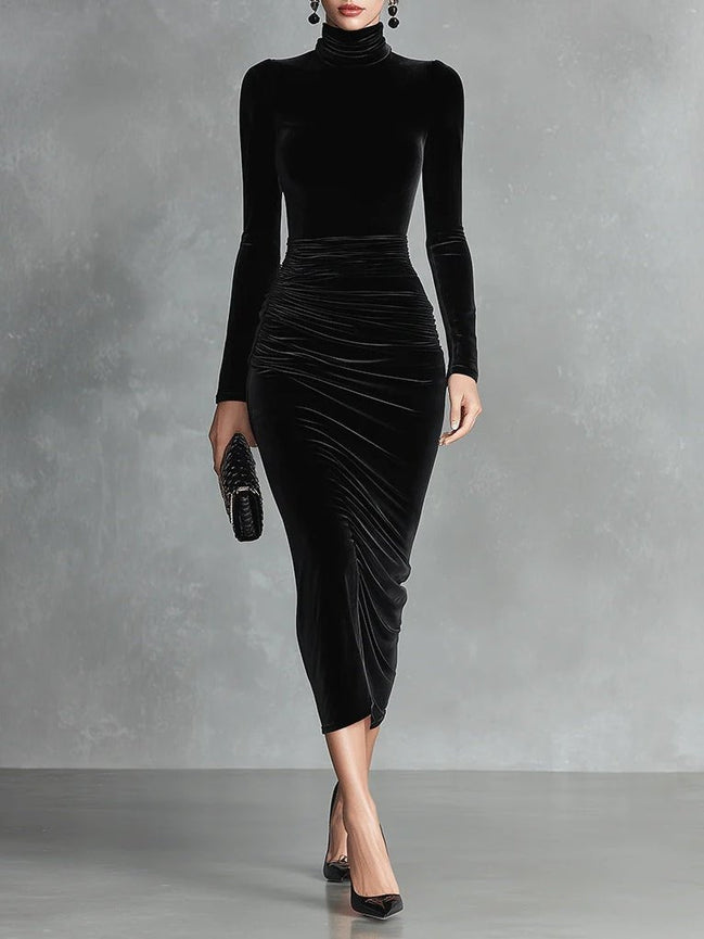 Vestido Ajustado de Terciopelo Negro con Cuello Alto Elegante