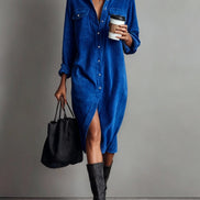 Vestido Midi Holgado de Pana con Doble Bolsillo y Botonadura