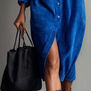 Vestido Midi Holgado de Pana con Doble Bolsillo y Botonadura