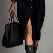 Vestido Midi Holgado de Pana con Doble Bolsillo y Botonadura