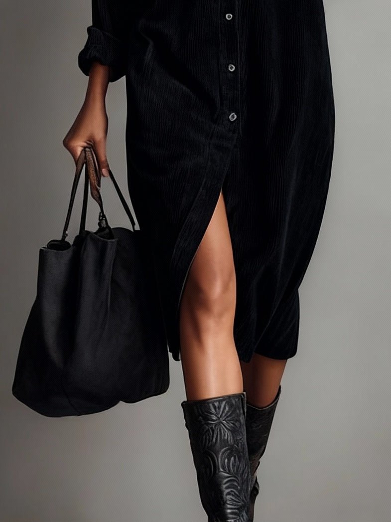 Vestido Midi Holgado de Pana con Doble Bolsillo y Botonadura