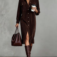 Vestido Midi Holgado de Pana con Doble Bolsillo y Botonadura