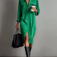 Vestido Midi Holgado de Pana con Doble Bolsillo y Botonadura