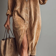 Vestido Midi Holgado de Pana con Doble Bolsillo y Botonadura