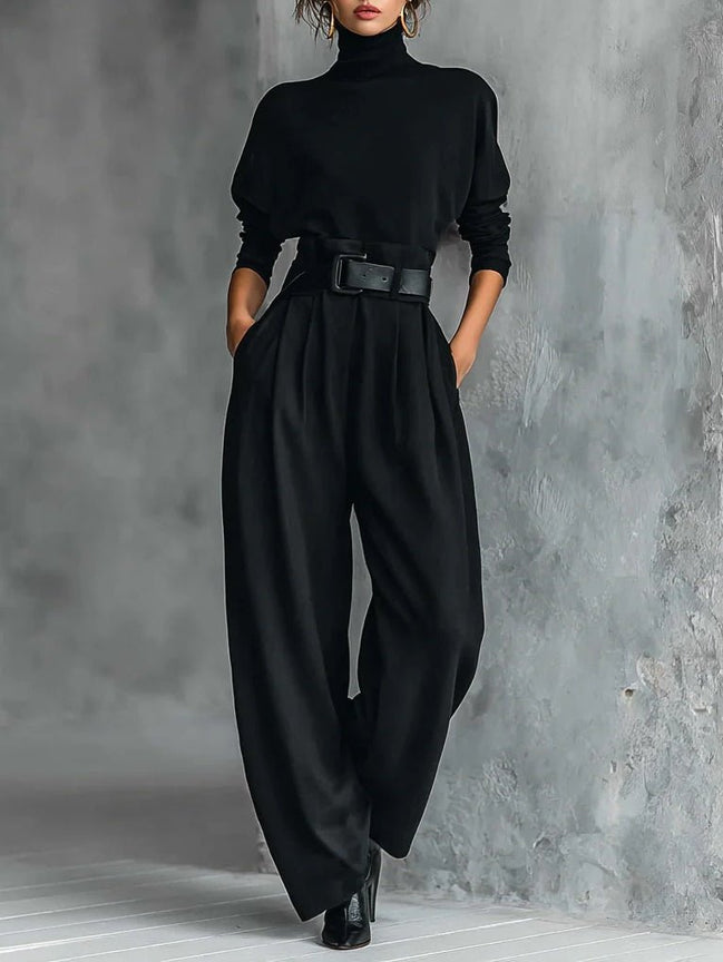 Conjunto Camiseta de Cuello Alto y Pantalón Recto Todo Negro con Cinturón