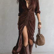 Vestido Midi de Terciopelo Vintage con Pliegues y Botones