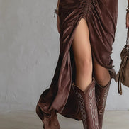 Vestido Midi de Terciopelo Vintage con Pliegues y Botones