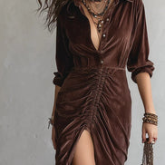 Vestido Midi de Terciopelo Vintage con Pliegues y Botones