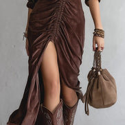 Vestido Midi de Terciopelo Vintage con Pliegues y Botones