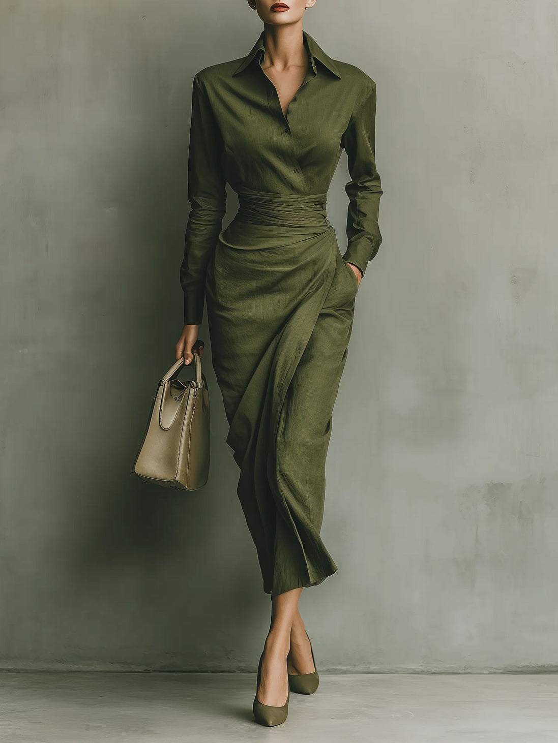 Vestido Maxi Verde Militar de Mezcla de Algodón
