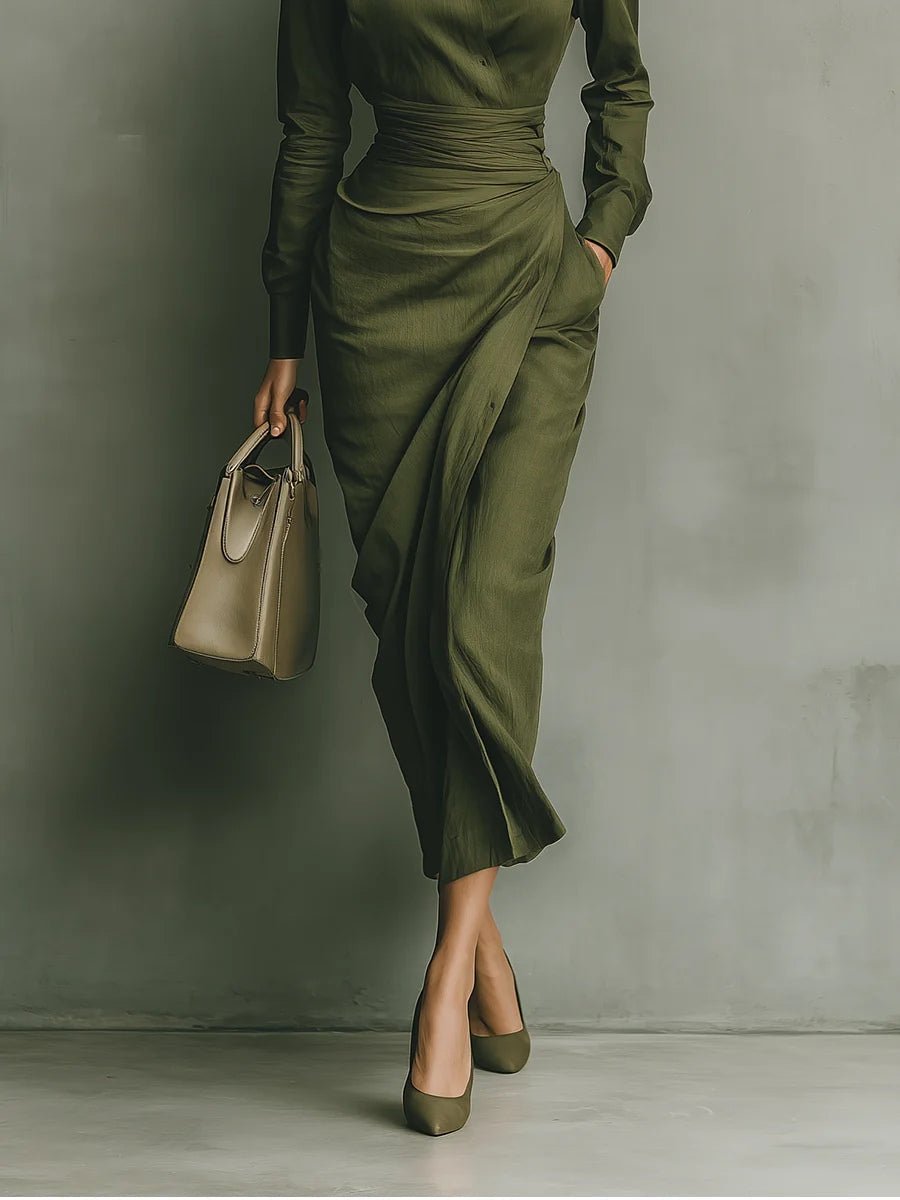 Vestido Maxi Verde Militar de Mezcla de Algodón