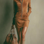 Vestido Mini de Ante Marrón con Cuello Mao y Cremallera