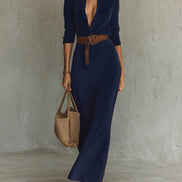 Vestido Maxi de Ante con Cuello Solapa y Botonadura Simple