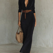 Vestido Maxi de Ante con Cuello Solapa y Botonadura Simple