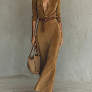 Vestido Maxi de Ante con Cuello Solapa y Botonadura Simple