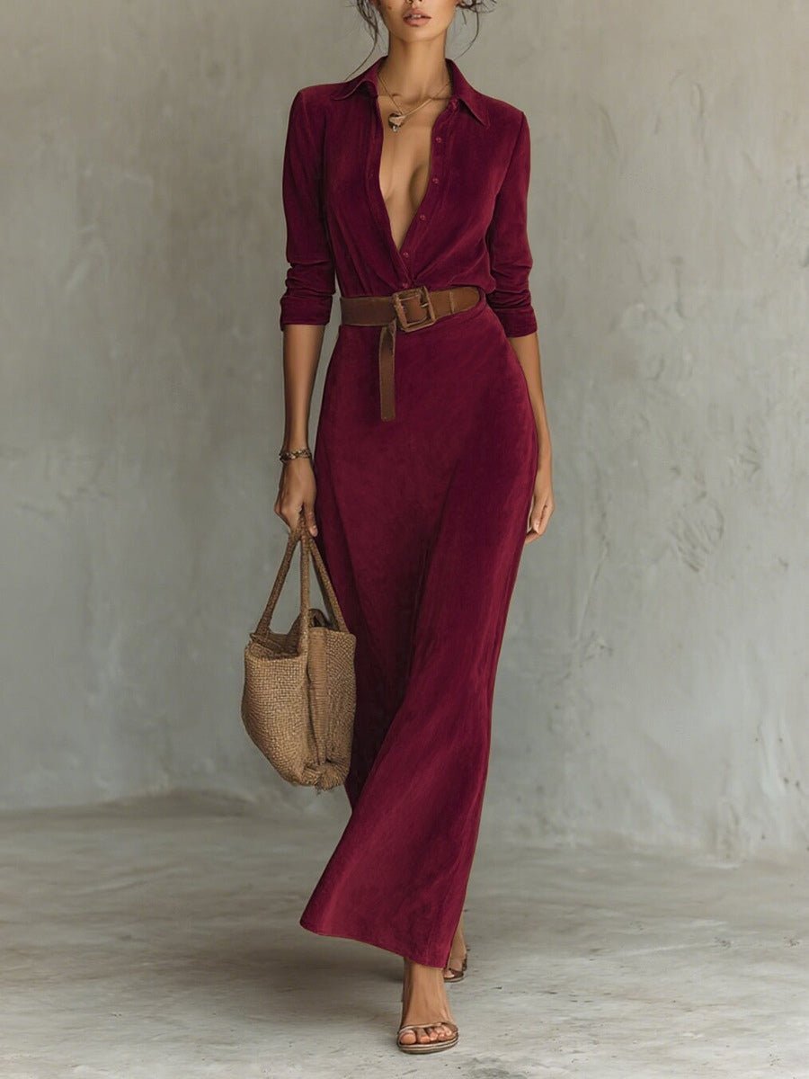 Vestido Maxi de Ante con Cuello Solapa y Botonadura Simple