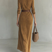 Vestido Maxi de Ante con Cuello Solapa y Botonadura Simple
