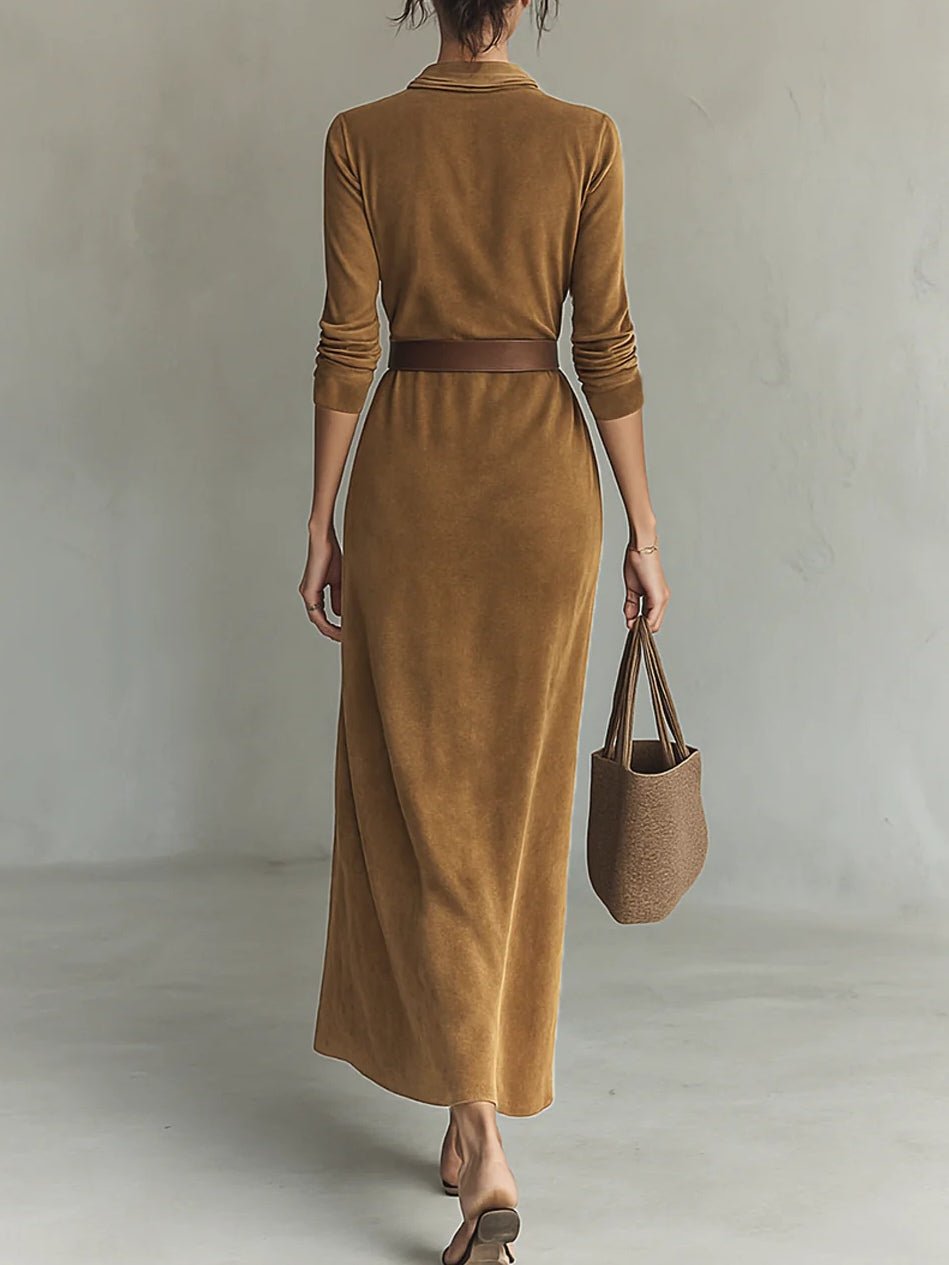 Vestido Maxi de Ante con Cuello Solapa y Botonadura Simple