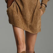 Vestido Mini Holgado de Ante Marrón con Cuello Alto y Cremallera