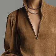 Vestido Mini Holgado de Ante Marrón con Cuello Alto y Cremallera