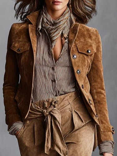 Chaqueta Corta de Ante Marrón con Cuello Solapa y Botonadura