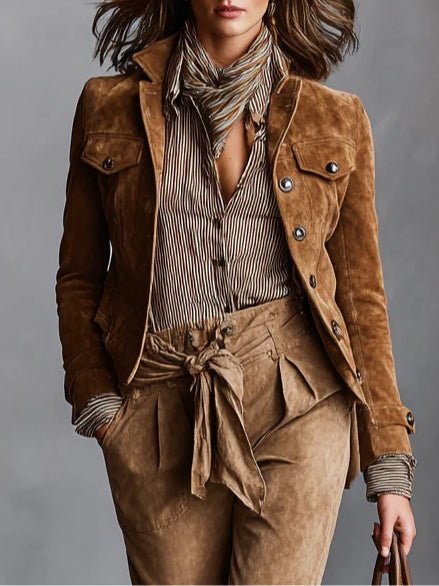 Chaqueta Corta de Ante Marrón con Cuello Solapa y Botonadura