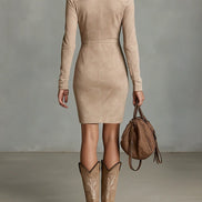 Vestido Midi Beige Slim con Cuello Solapa y Flores