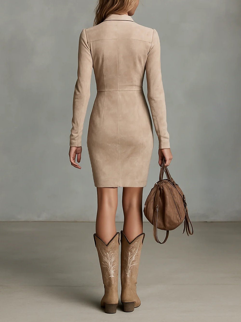Vestido Midi Beige Slim con Cuello Solapa y Flores